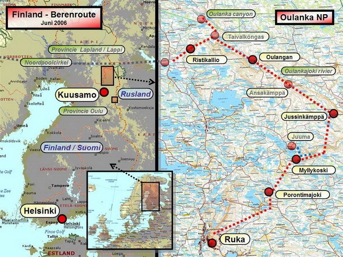 Travel route / Map The National Park of Oulanka is a unique and versatile combination of marshlands, pine forests, and rivers which are home to numerous birds. The bears trail or karhunkierros is a popular hiking trail 80km long. There are free cabins, shelters and fire places. Oulanka NP is situated at the border of the Lapland province, near the Russian border. It can be reached easily by the airport of Kuusamo.<br />
 Stefan Cruysberghs